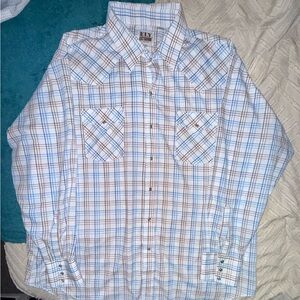 Ely Cattleman Men's Western White, Blue and Brown Plaid Pearl Snap Shirt
